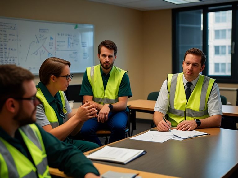 A classroom of 7 employees wearing green vests watching a training video