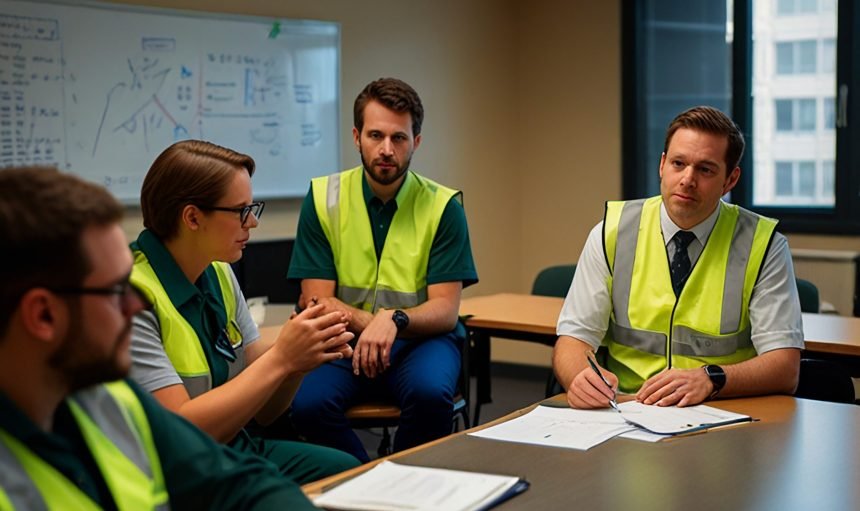 A classroom of 7 employees wearing green vests watching a training video