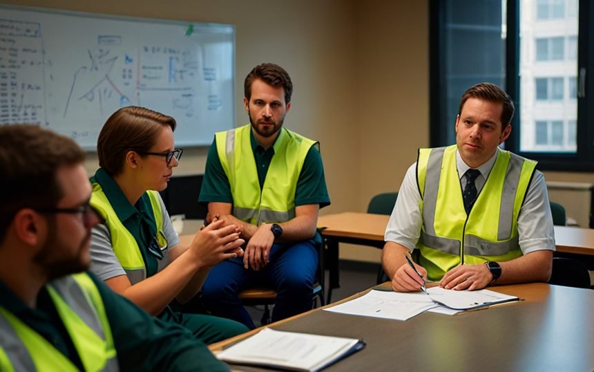 A classroom of 7 employees wearing green vests watching a training video