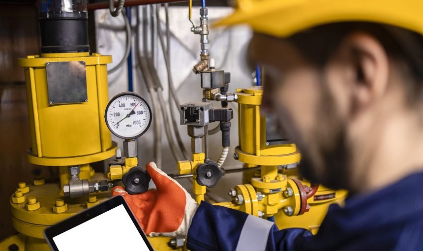 Oil and gas refinery worker measuring pressure of gas pipes and checking tablet computer.