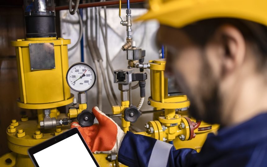 Oil and gas refinery worker measuring pressure of gas pipes and checking tablet computer.