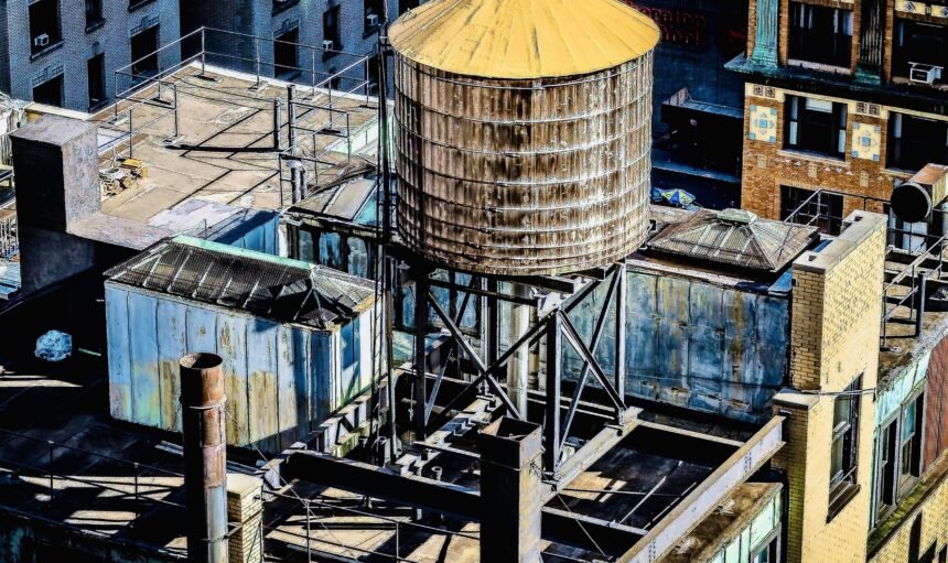 An amazing view of a downtown building roof with a water tank on it
