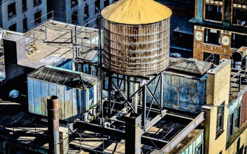 An amazing view of a downtown building roof with a water tank on it