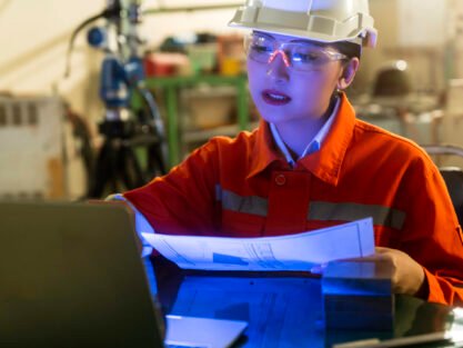 asian female engineer specialist with Measuring machine with a manipulator arm laptop.Three-dimensional coordinate measurement. Check sizes. 3D check of the sizes of parts.CMM after machining process