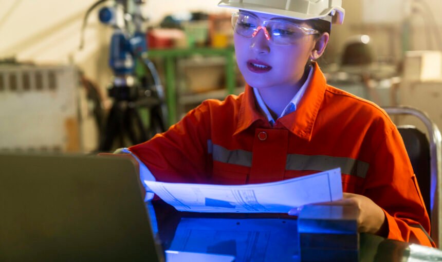 asian female engineer specialist with Measuring machine with a manipulator arm laptop.Three-dimensional coordinate measurement. Check sizes. 3D check of the sizes of parts.CMM after machining process