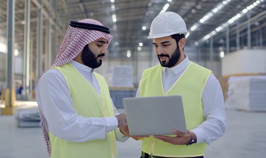 Two men in hard hats and safety vests looking at a laptop in a factory setting.