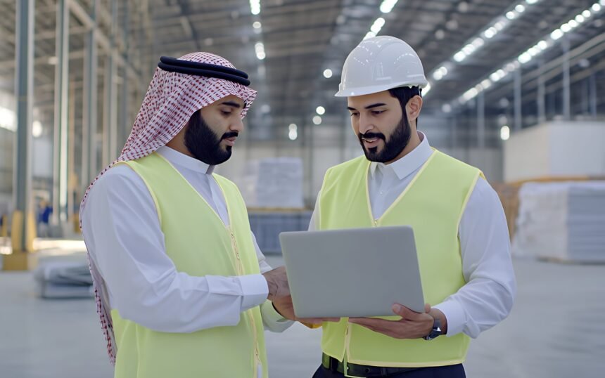 Two men in hard hats and safety vests looking at a laptop in a factory setting.